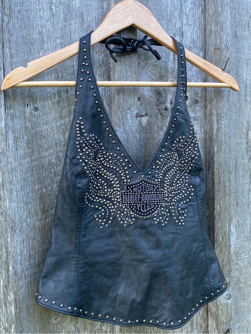 HARLEY DAVIDSON leather studded black halter v-neck top
